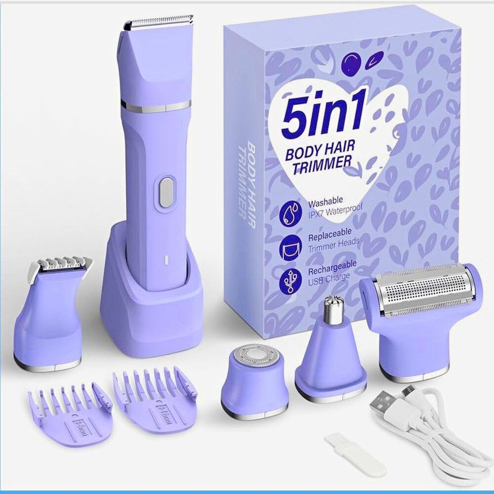 5-in-1 Cordless Body Bikini Trimmer Kit, Waterproof Washable USB Purple